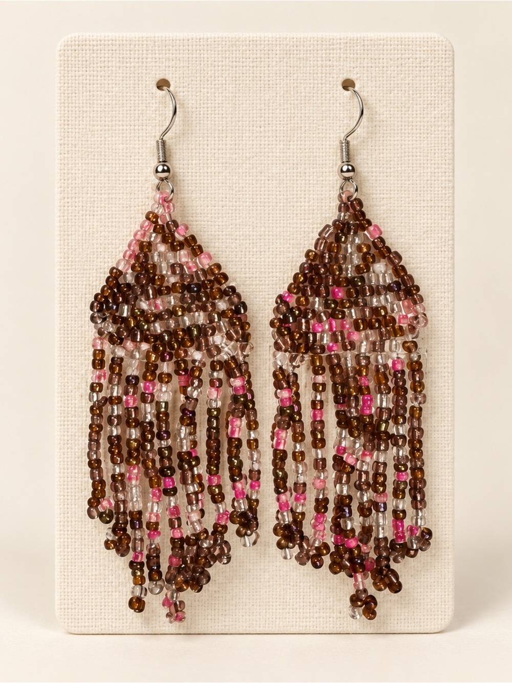 Handcrafted Pink & Brown Beaded Fringe Earrings